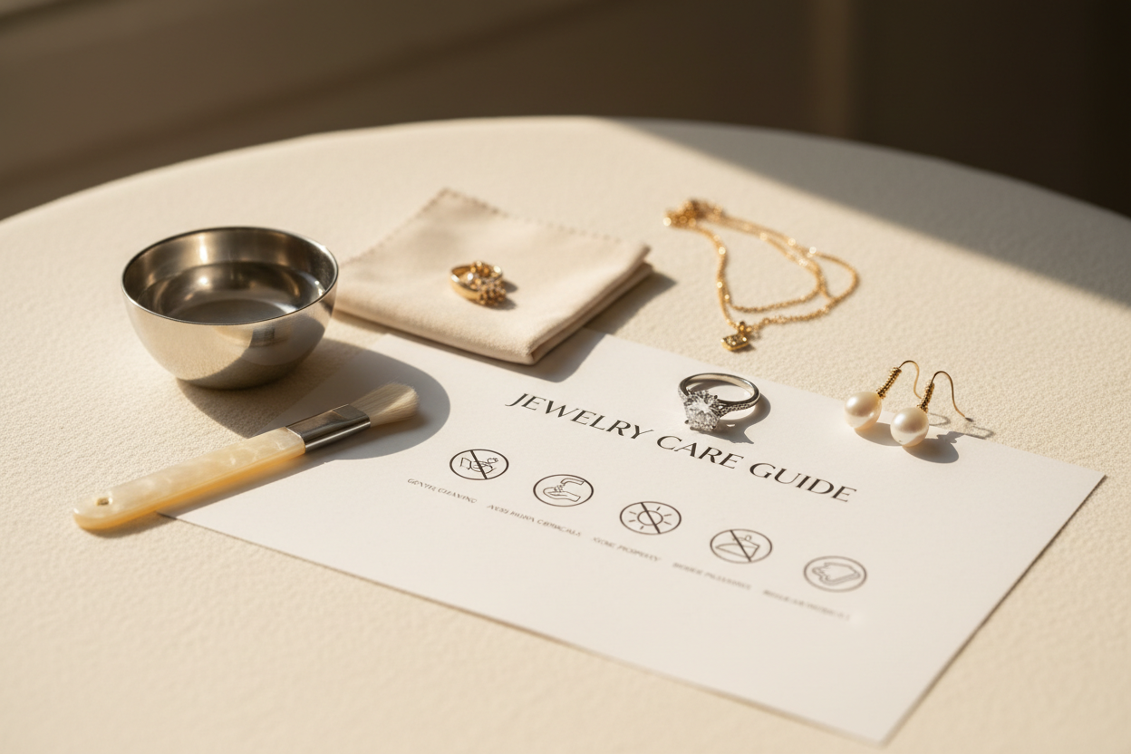 Jewelry care guide with cleaning tools and assorted jewelry demonstrating Classic Sterling Silver Care