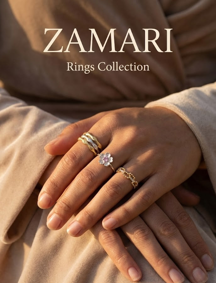 Close-up of hands wearing unique gold and silver rings from the Canadian dainty Sterling silver collection