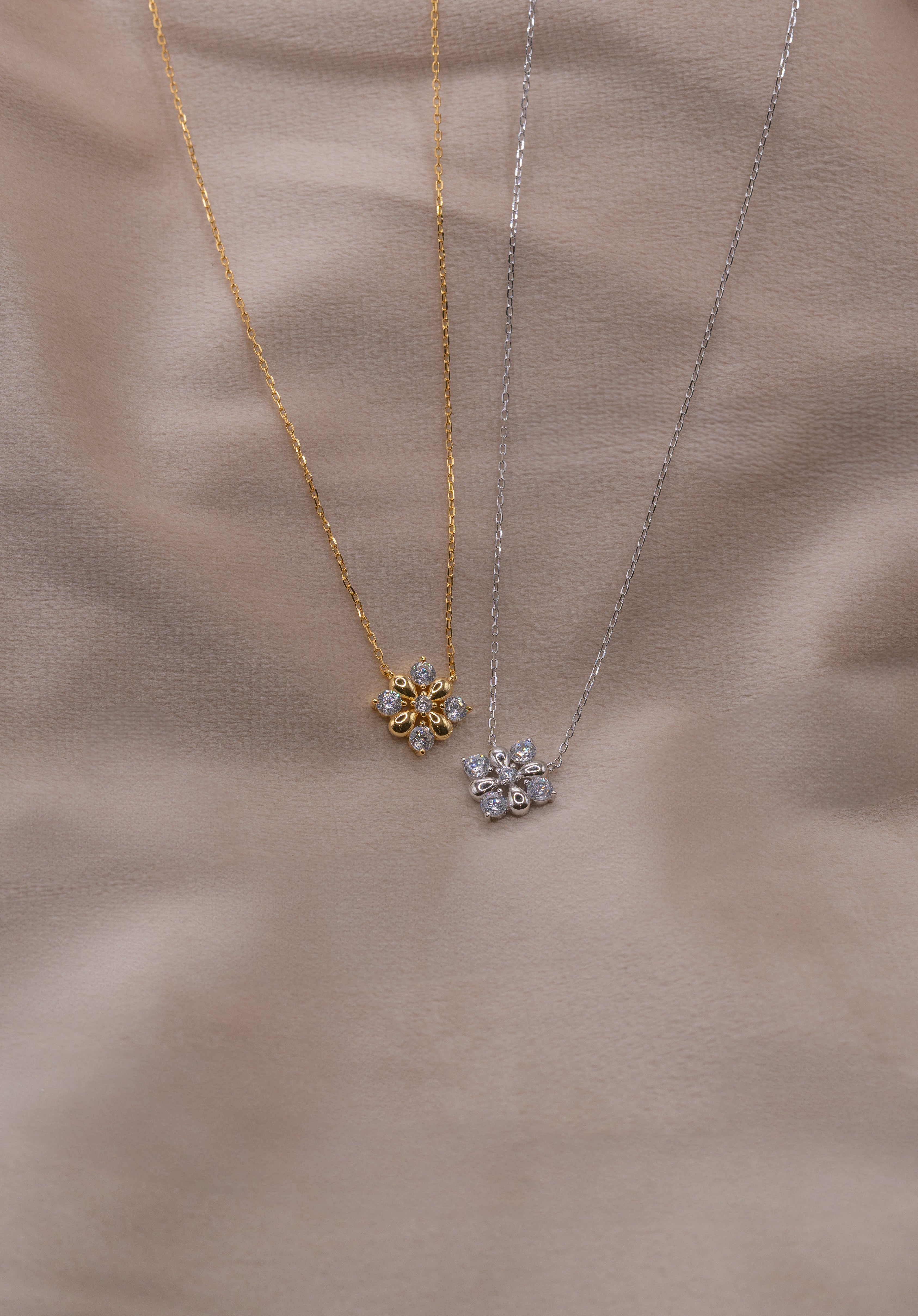 Zamari delicate gold and silver flower pendant necklaces from online dainty jewelry boutique