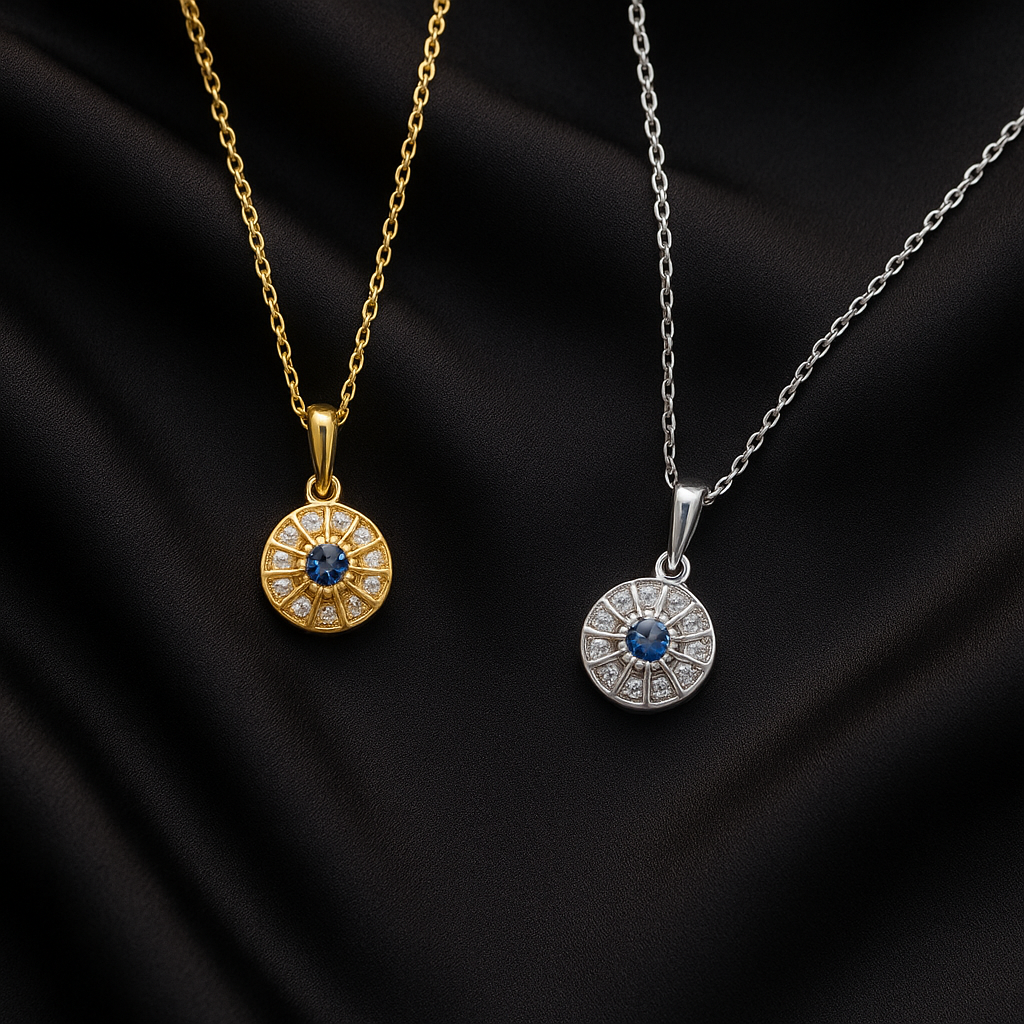 Zamari gold and silver round pendant necklaces with blue center stones from online dainty jewelry boutique