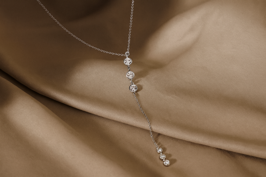 Zamari delicate silver necklace with hanging crystal beads from an online dainty jewelry boutique