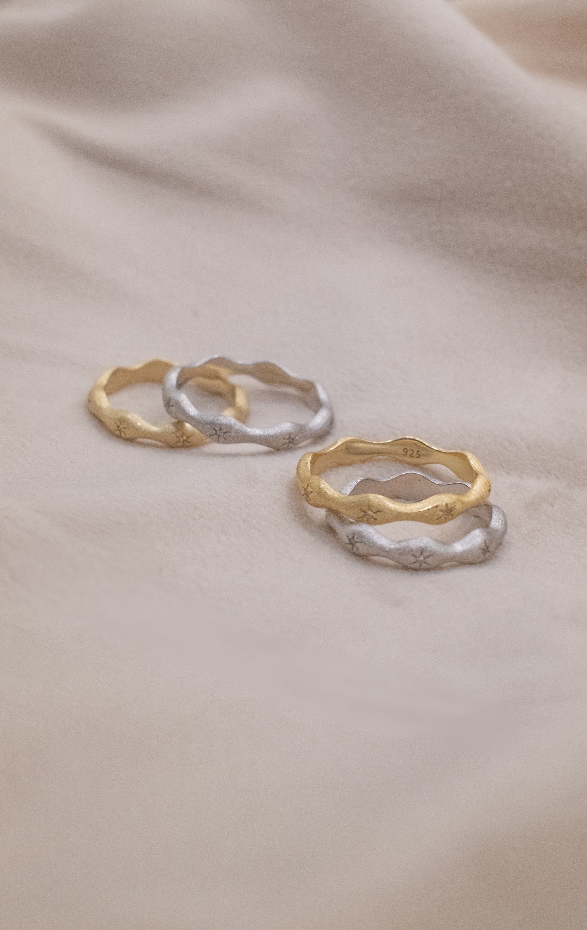 Zamari gold and silver rings with textured design from an online dainty jewelry boutique